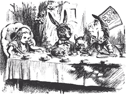 Tenniel's original illustration of the Mad Hatter's tea party in Alice in Wonderland