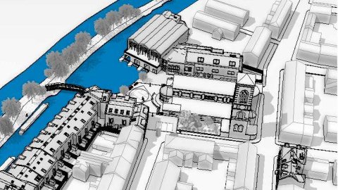 The new community centre (top) is over the boatyard. The current one will be become affordable housing (right).