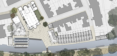 Proposed plan for the site, with the boatyard and community centre on the left (image:Haworth-Tompkins)