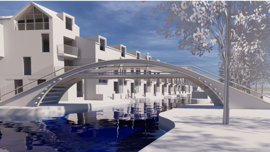 The bridge has stairlifts on either side. Shown as concrete and metal, but it could be made of wood