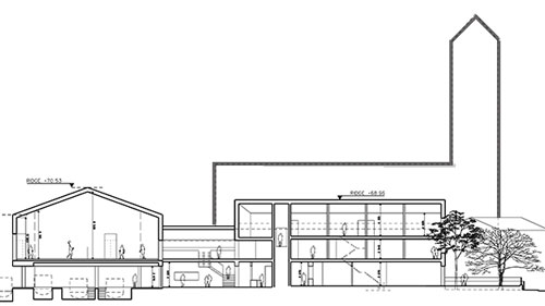 <p>A cross-section of the boatyard and community centre. An outline of the church (which would be in front of this view) is shown for scale</p>