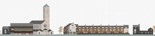 <p>A view of the proposed development from the other side of the canal. Left to right: the boatyard and community centre, St Barnabas Church, the restaurant with affordable flats above, the 13 two-bedroom terraced houses, and a single house to the right</p>